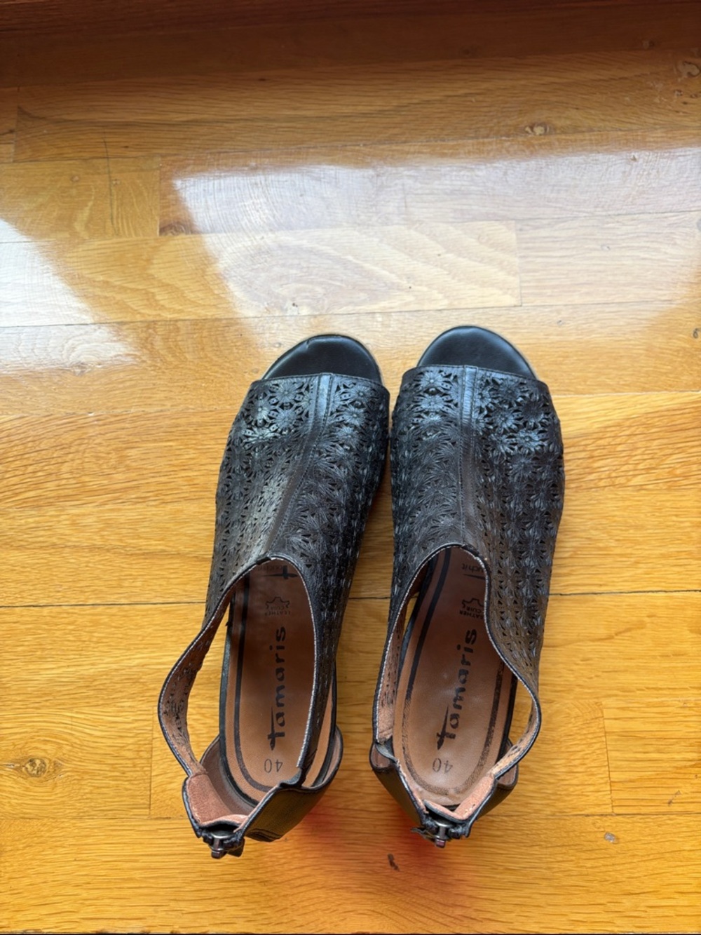 Tamaris Black Laser-Cut Peep-Toe Slingback Mules